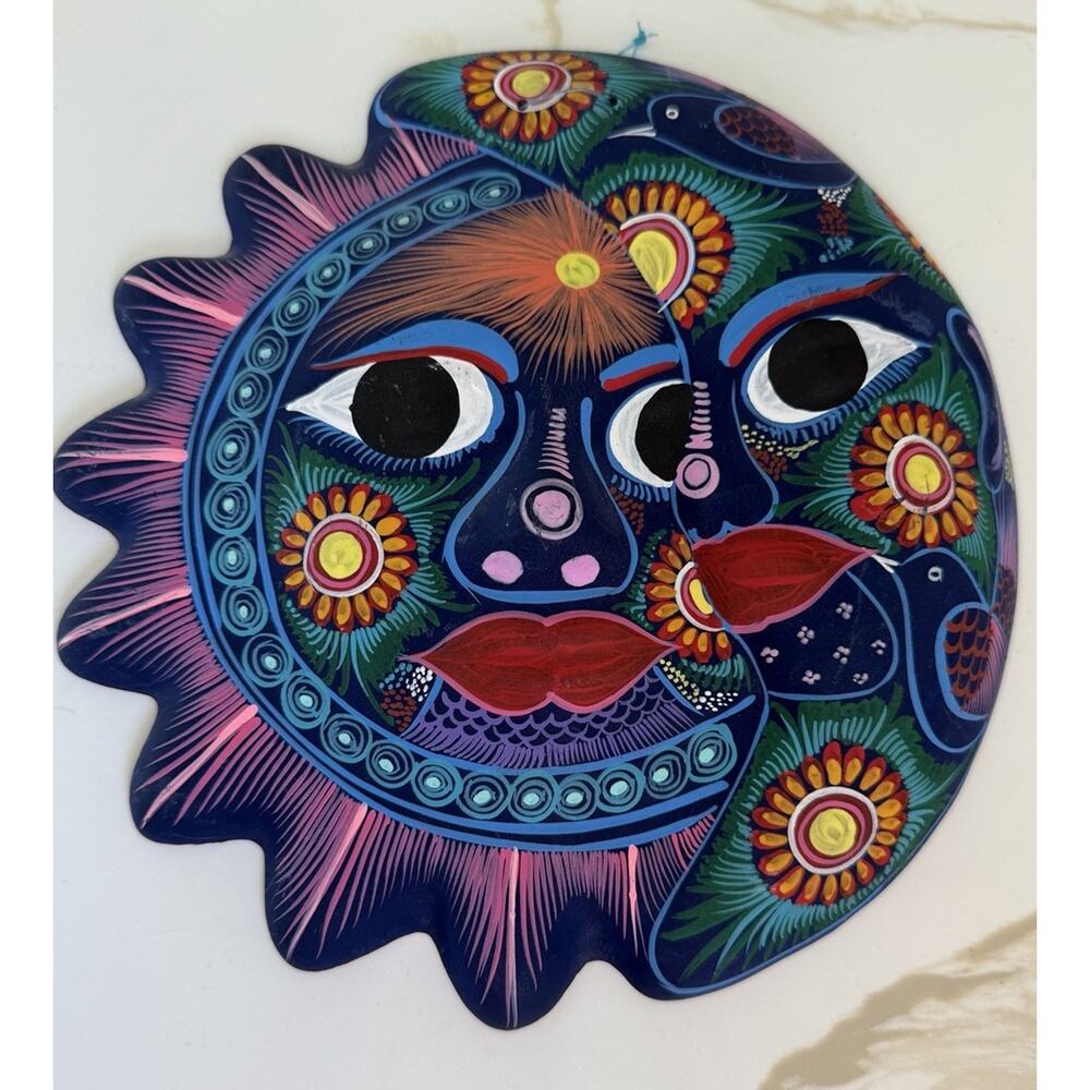 Sun And Moon Face Eclipse Mexican Wall Bright Multicolored Ceramic 9x8” Signed